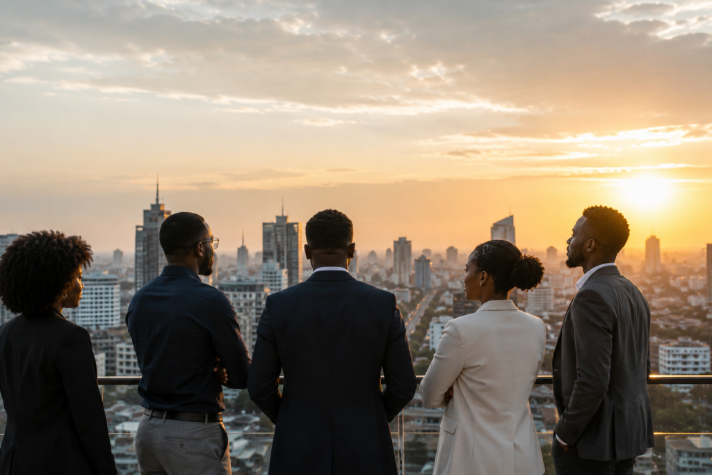 Groupe de professionnels noirs regardant la ville de Kinshasa au coucher du soleil.
